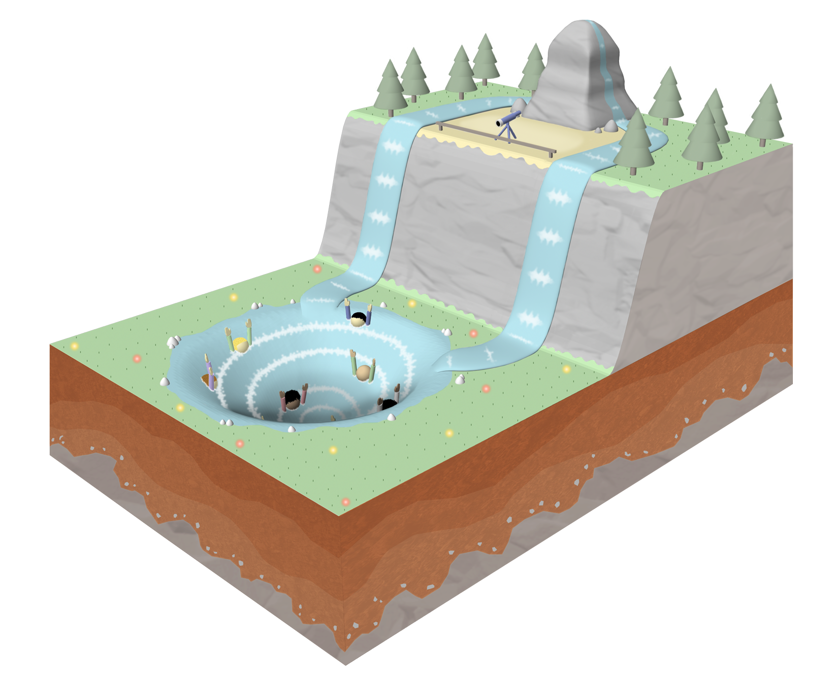 3D illustration of the sculptural cake depicting a landscape with a whirlpool full of drowning people
